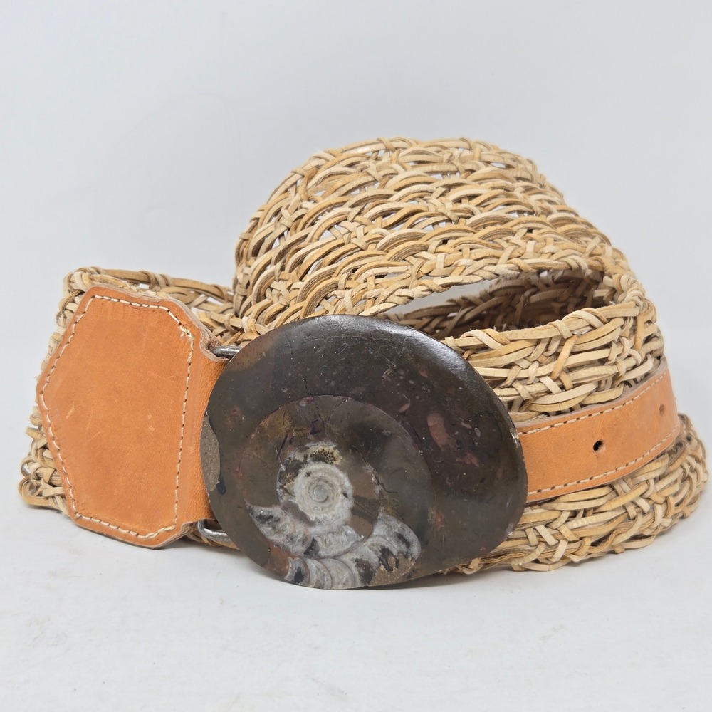 Streets Ahead Woven Straw Belt Ammonite Fossil Buckle Leather Tan Boho Large USA